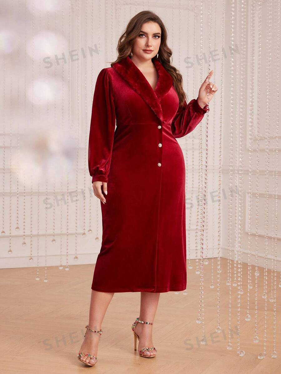 SHEIN Modely فستان ياقة طوق أكمام فانوس مخملي مقاس كبير