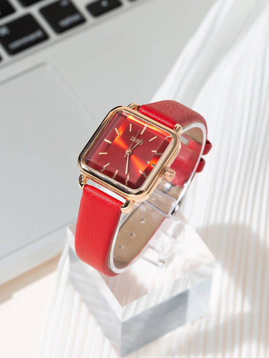 SHEIN DISU ساعة كوارتز حمراء مربعة