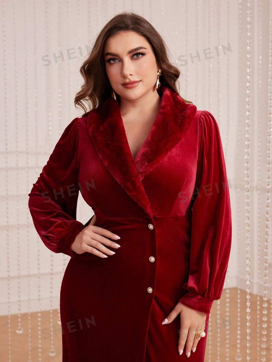 SHEIN Modely فستان ياقة طوق أكمام فانوس مخملي مقاس كبير