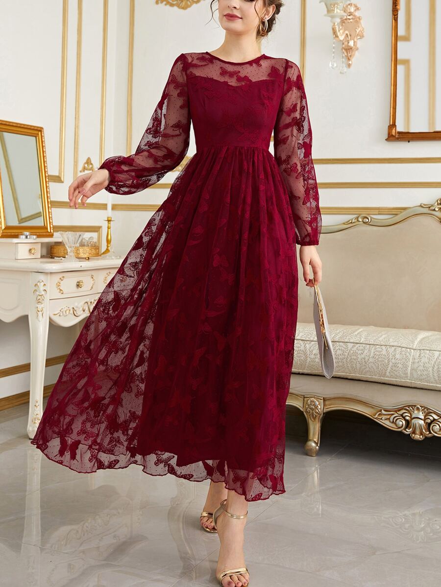 SHEIN Modelyn فستان سهرة ماكسي بأكمام فوانيس وشبك مطرز بالفراشات