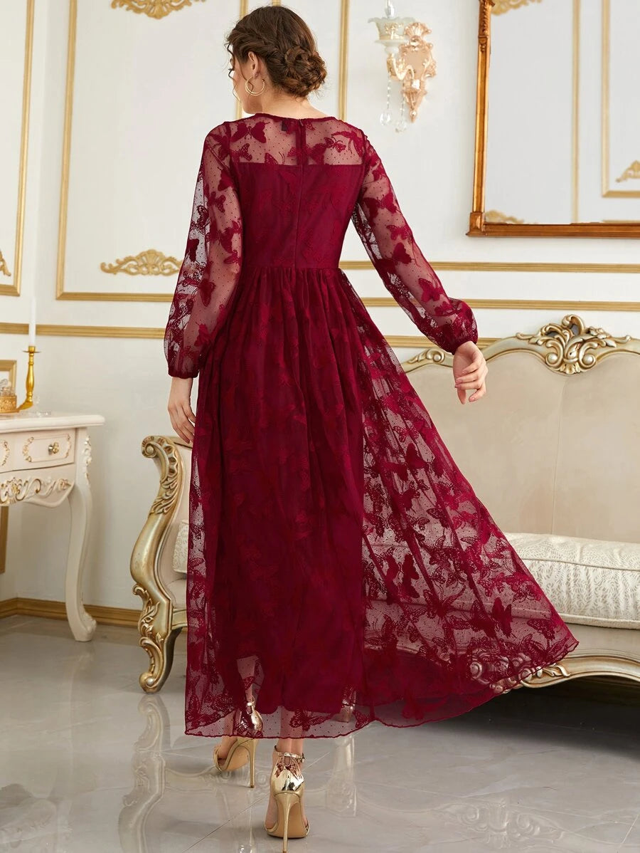 SHEIN Modelyn فستان سهرة ماكسي بأكمام فوانيس وشبك مطرز بالفراشات