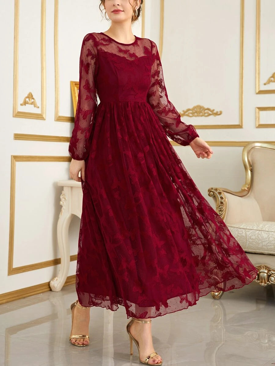 SHEIN Modelyn فستان سهرة ماكسي بأكمام فوانيس وشبك مطرز بالفراشات