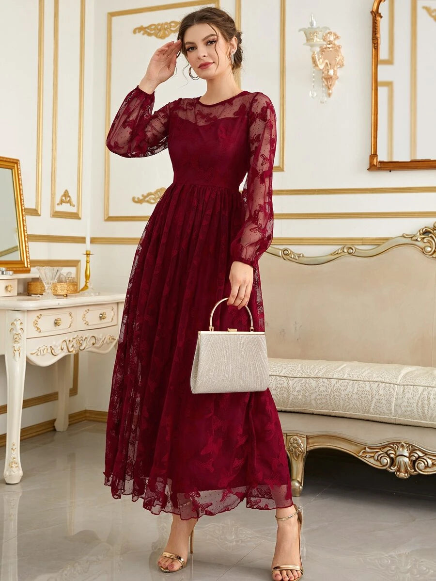 SHEIN Modelyn فستان سهرة ماكسي بأكمام فوانيس وشبك مطرز بالفراشات