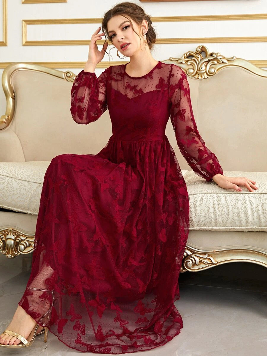 SHEIN Modelyn فستان سهرة ماكسي بأكمام فوانيس وشبك مطرز بالفراشات