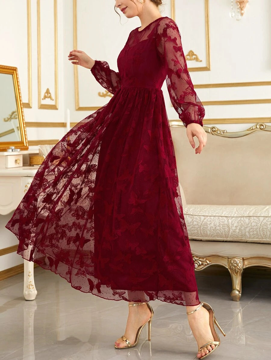SHEIN Modelyn فستان سهرة ماكسي بأكمام فوانيس وشبك مطرز بالفراشات