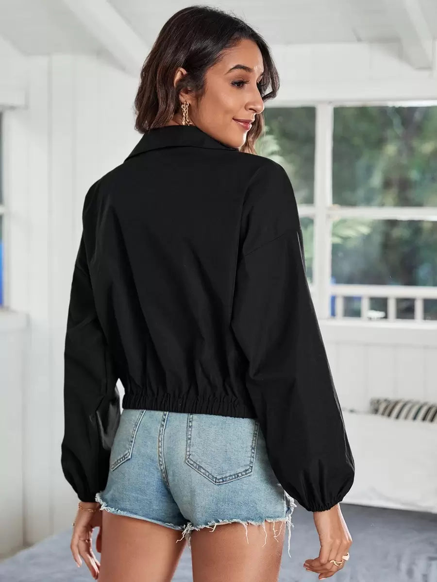SHEIN Frenchy جاكيت نسائي أسود بسحاب وأكتاف منسدلة
