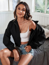 SHEIN Frenchy جاكيت نسائي أسود بسحاب وأكتاف منسدلة