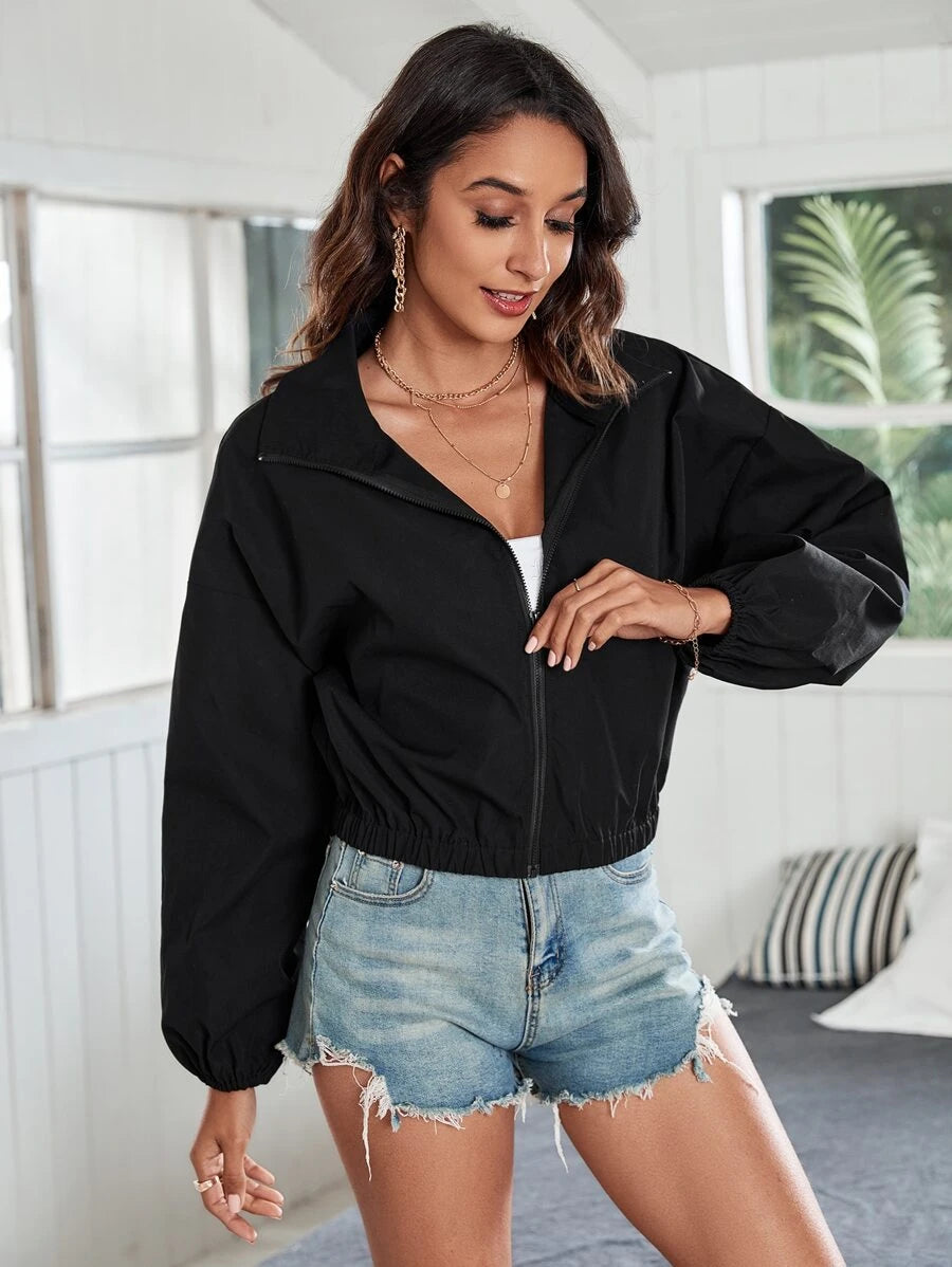 SHEIN Frenchy جاكيت نسائي أسود بسحاب وأكتاف منسدلة
