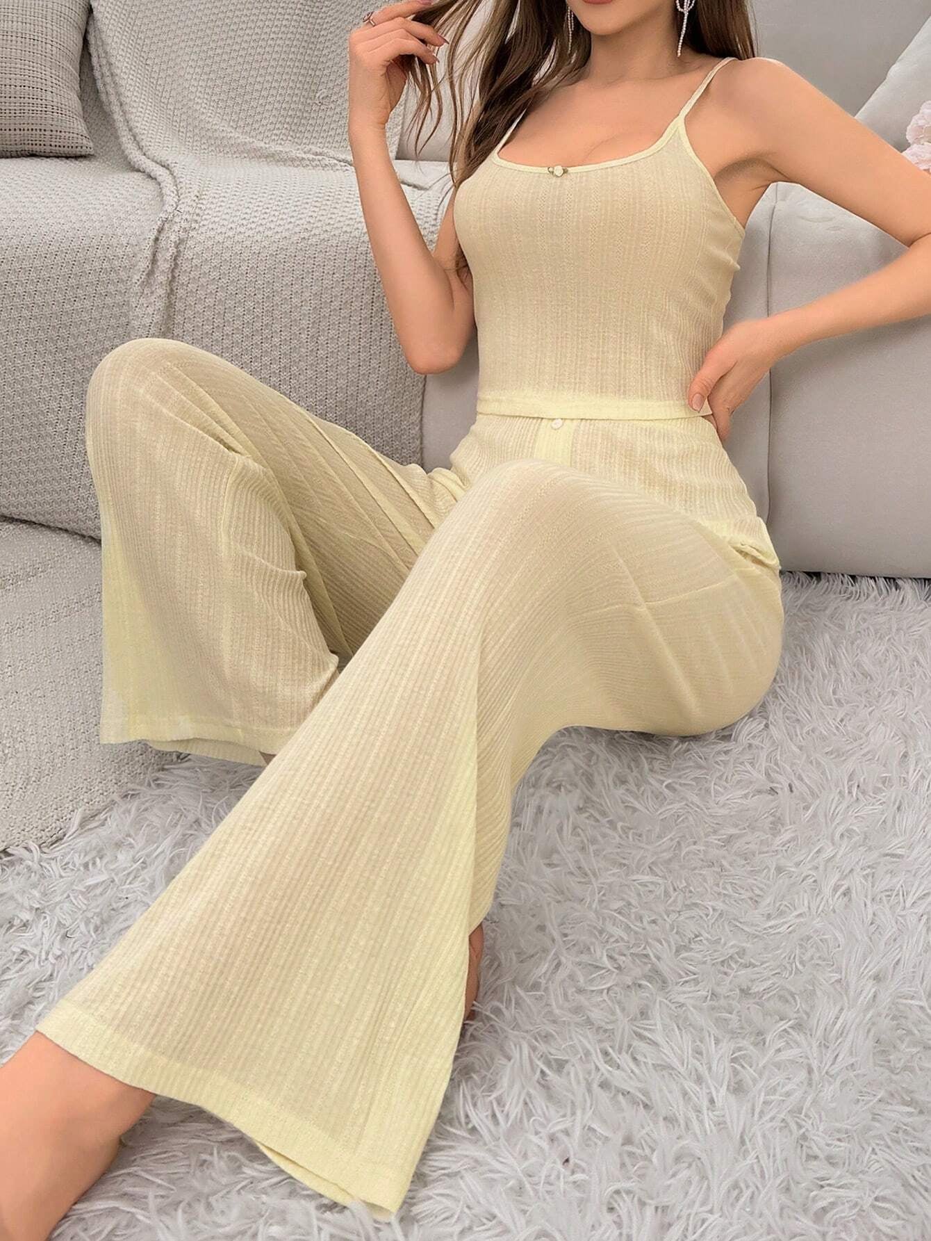 Women'S Solid Color Ribbed Casual Homewear Set