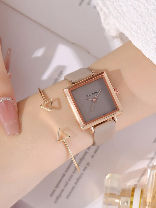 SHEIN ساعة كوارتز مربعة مع سوار