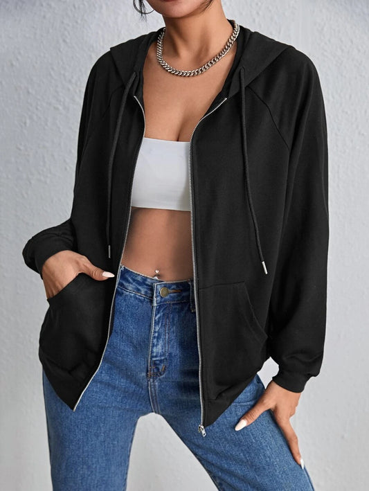 SHEIN EZwear هودي اسود سحاب بأكمام راجلان طويلة