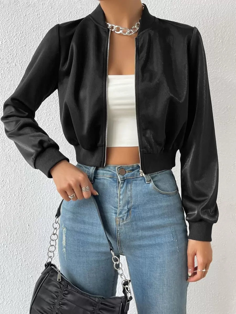 SHEIN EZwear جاكيت نسائي قصير أسود بسحاب وياقة بولو