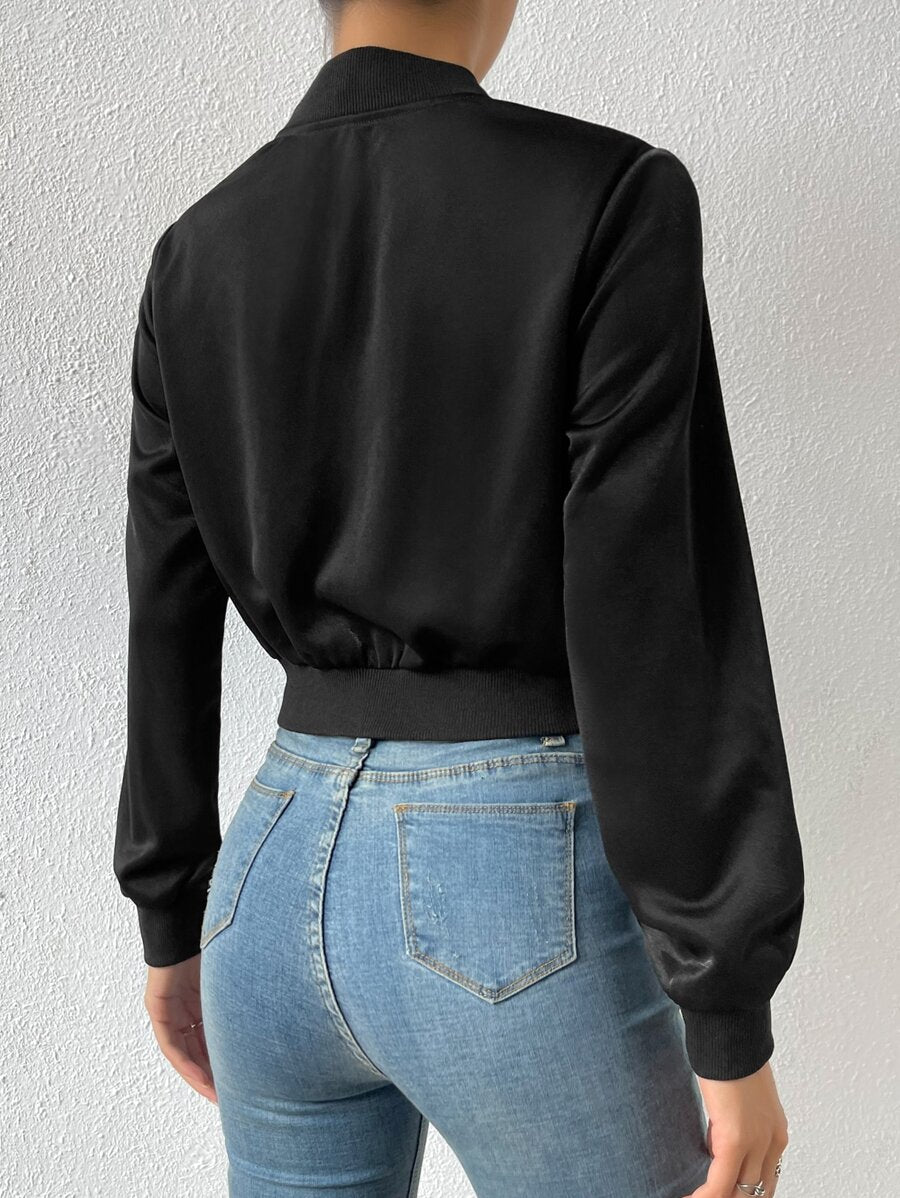 SHEIN EZwear جاكيت نسائي قصير أسود بسحاب وياقة بولو