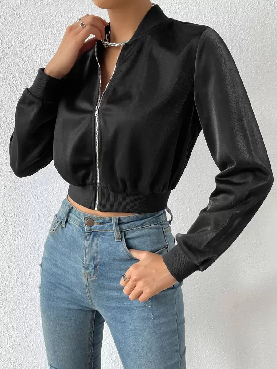 SHEIN EZwear جاكيت نسائي قصير أسود بسحاب وياقة بولو