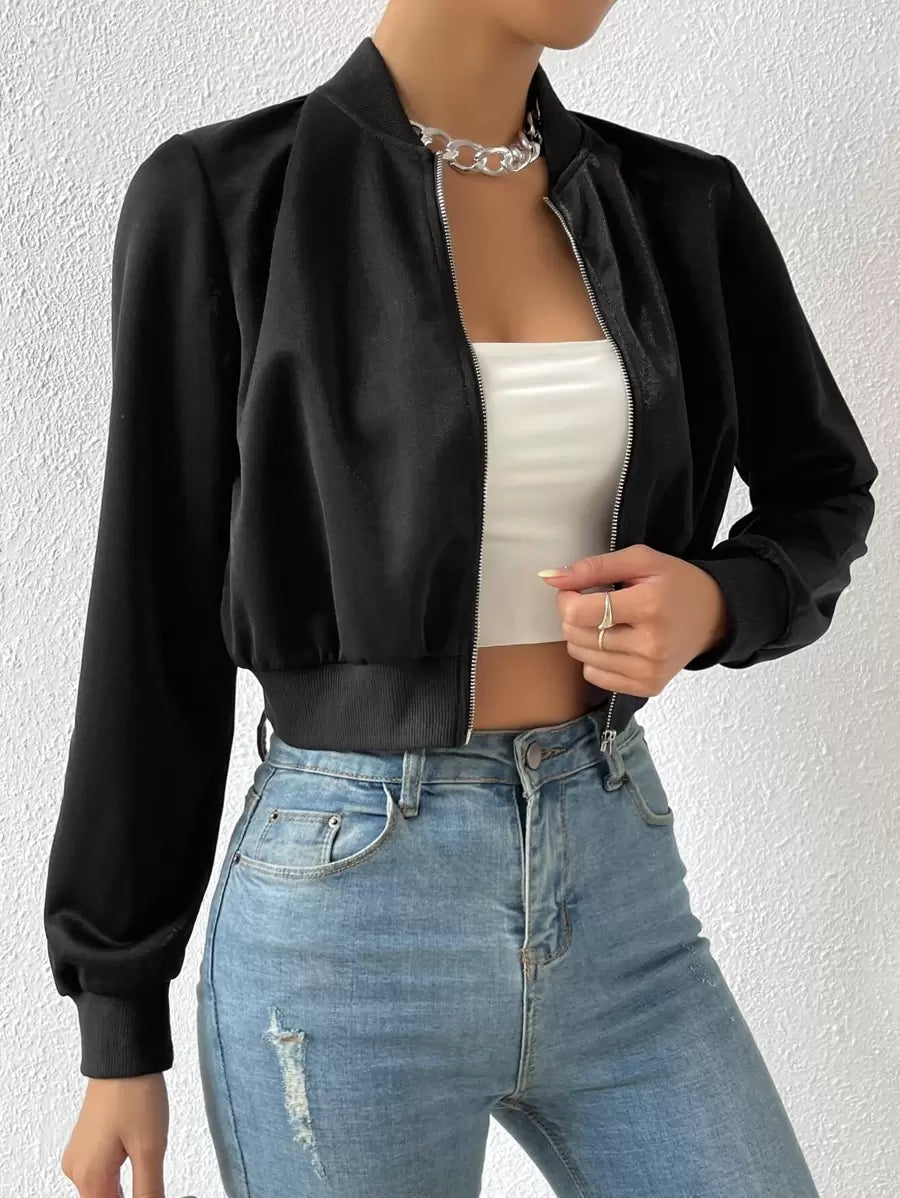 SHEIN EZwear جاكيت نسائي قصير أسود بسحاب وياقة بولو