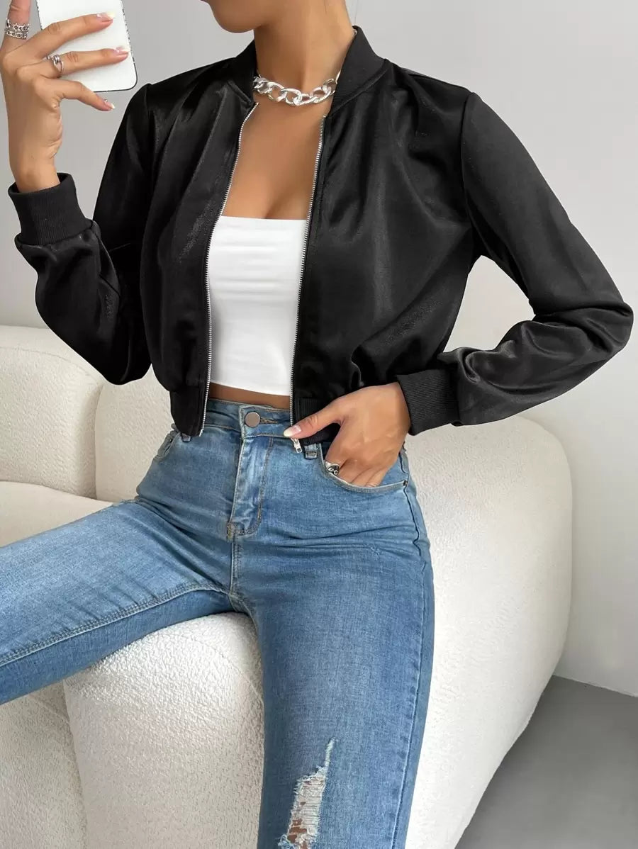 SHEIN EZwear جاكيت نسائي قصير أسود بسحاب وياقة بولو