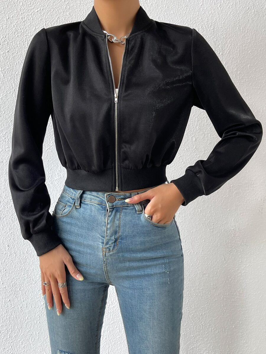SHEIN EZwear جاكيت نسائي قصير أسود بسحاب وياقة بولو
