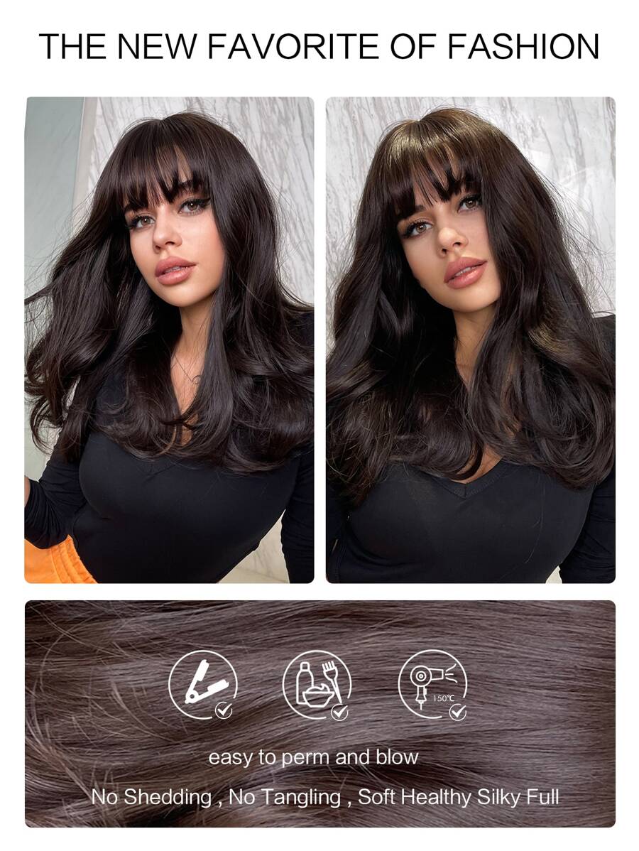 SHEIN باروكة صناعية بنية داكنة 20 بوصة