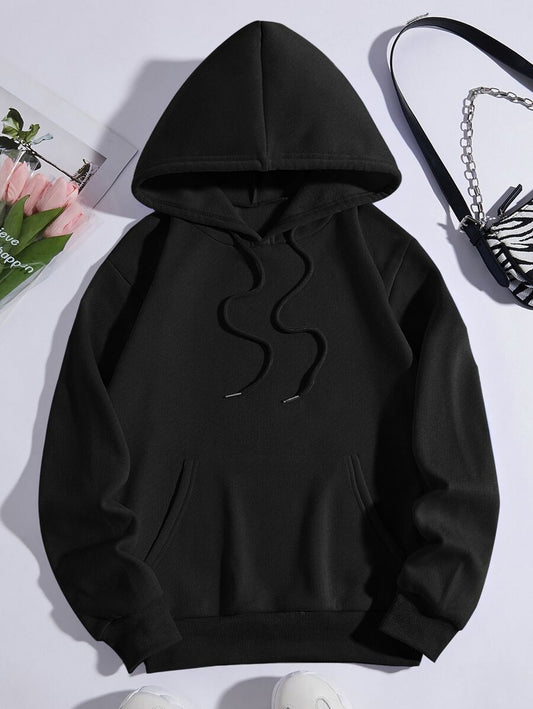 SHEIN INAWLY هوديي اسود مبطن حراريًا بجيب ورباط شد