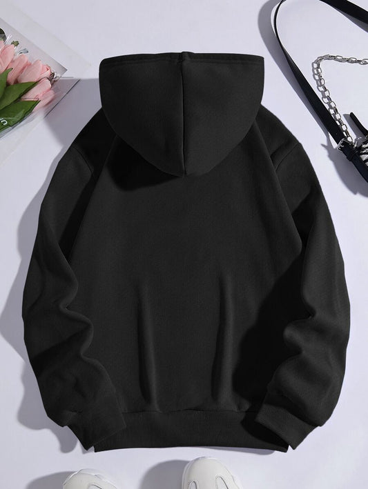 SHEIN INAWLY هوديي اسود مبطن حراريًا بجيب ورباط شد