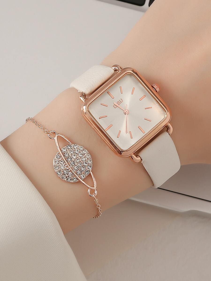 SHEIN DISU ساعة كوارتز مربعة مع سوار
