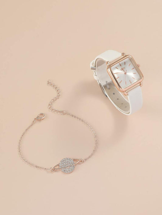 SHEIN DISU ساعة كوارتز مربعة مع سوار