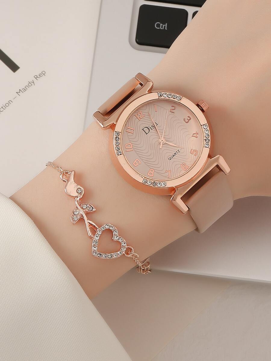 SHEIN DISU ساعة كوارتز مرصعة بحجر الراين مع سوار
