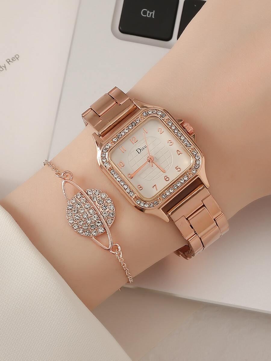 SHEIN DISU ساعة كوارتز مرصعة بالراين مع سوار