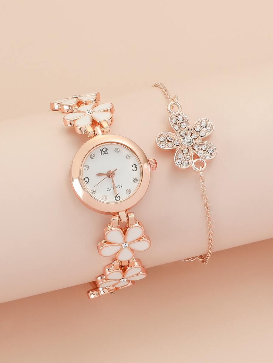 SHEIN ساعة كوارتز مزخرفة بزهرة مع سوار