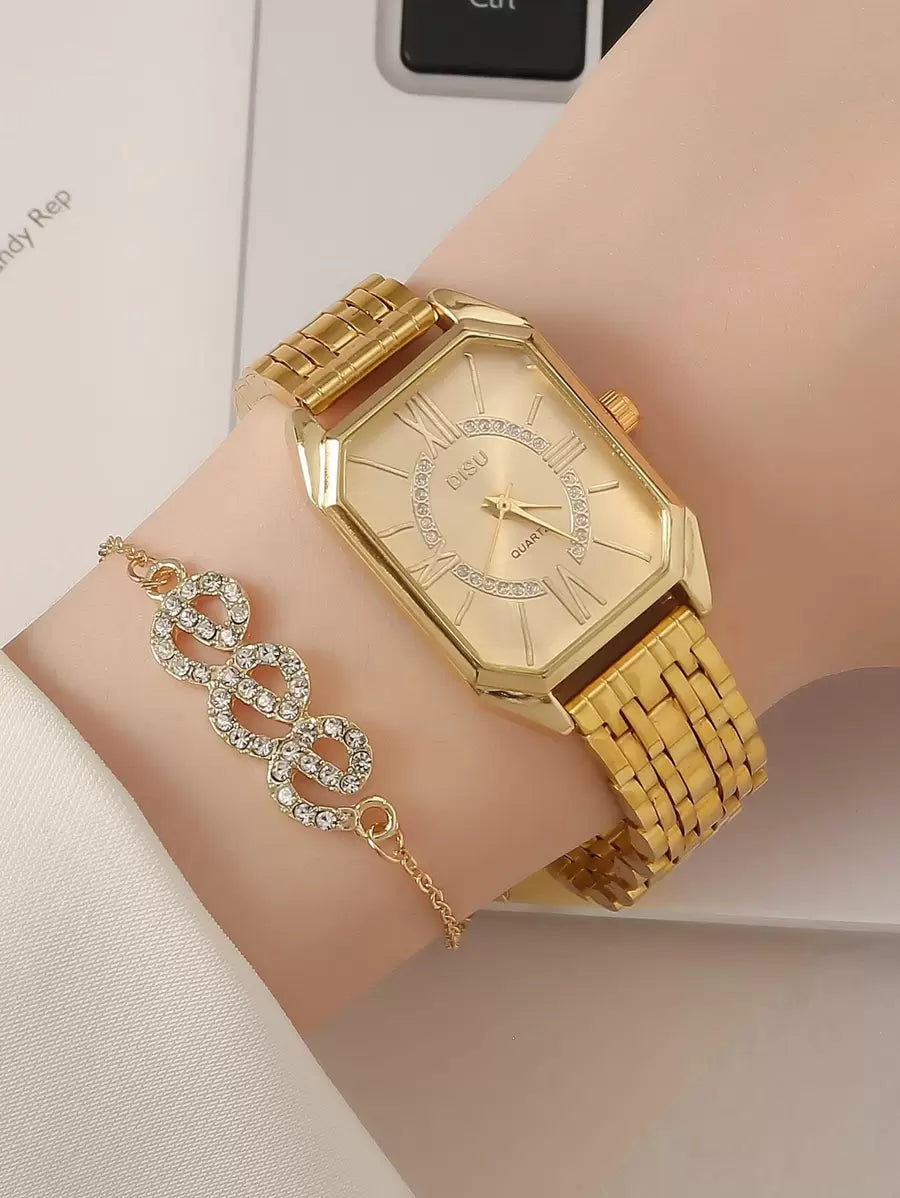 SHEIN DISU ساعة كوارتز متعددة الأوجه مع سوار هدية