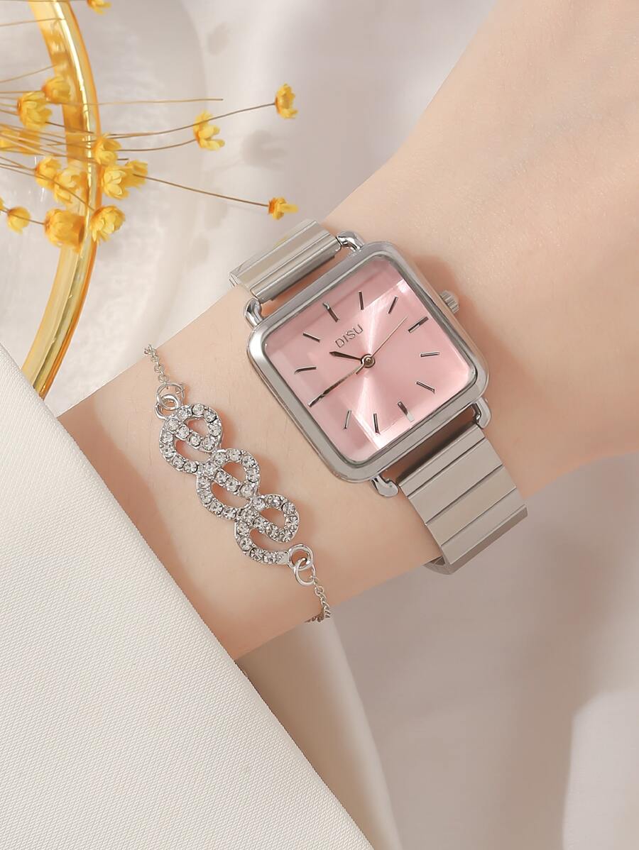 SHEIN DISU ساعة كوارتز مربعة مع سوار