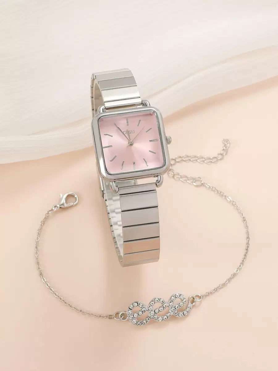 SHEIN DISU ساعة كوارتز مربعة مع سوار