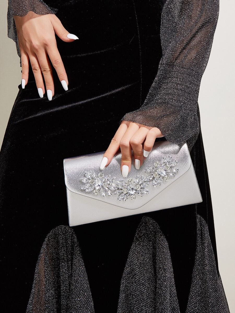 SHEIN حقيبة يد فينسي فضية مربعة صغيرة لامعة مع إبزيم راين