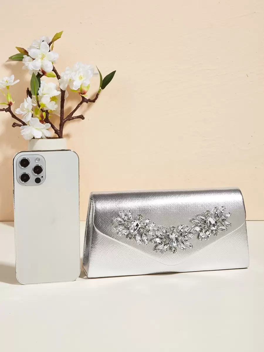 SHEIN حقيبة يد فينسي فضية مربعة صغيرة لامعة مع إبزيم راين