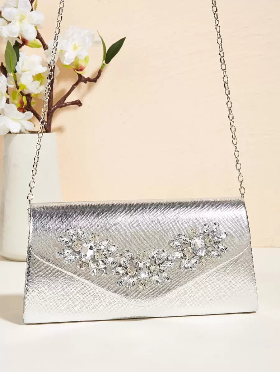 SHEIN حقيبة يد فينسي فضية مربعة صغيرة لامعة مع إبزيم راين