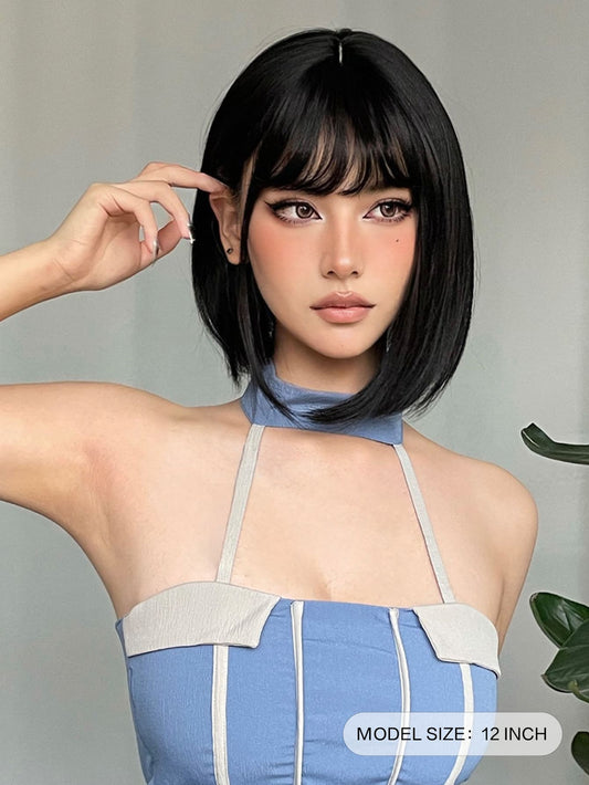 SHEIN باروكة شعر صناعي بوب قصير أسود