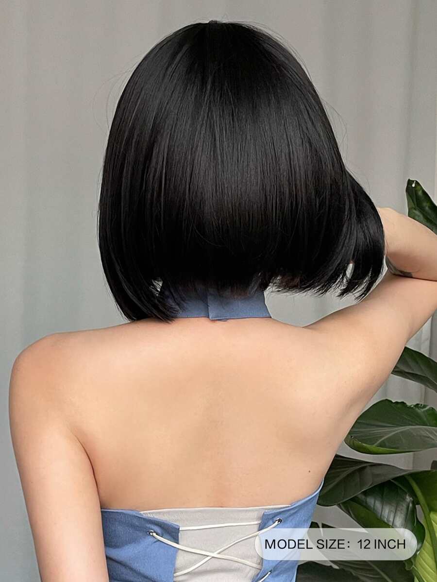 SHEIN باروكة شعر صناعي بوب قصير أسود