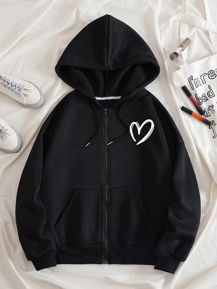 SHEIN INAWLY هودي اسود مزين بقلوب مبطن حرارياً