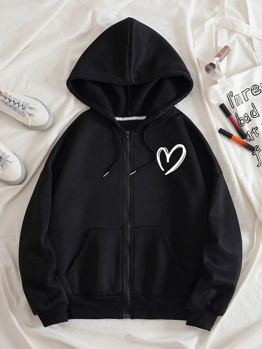SHEIN INAWLY هودي أسود مزين بقلوب مبطن حرارياً