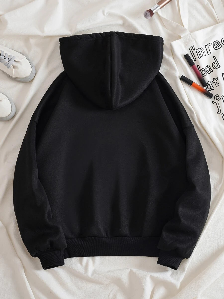 SHEIN INAWLY هودي اسود مزين بقلوب مبطن حرارياً