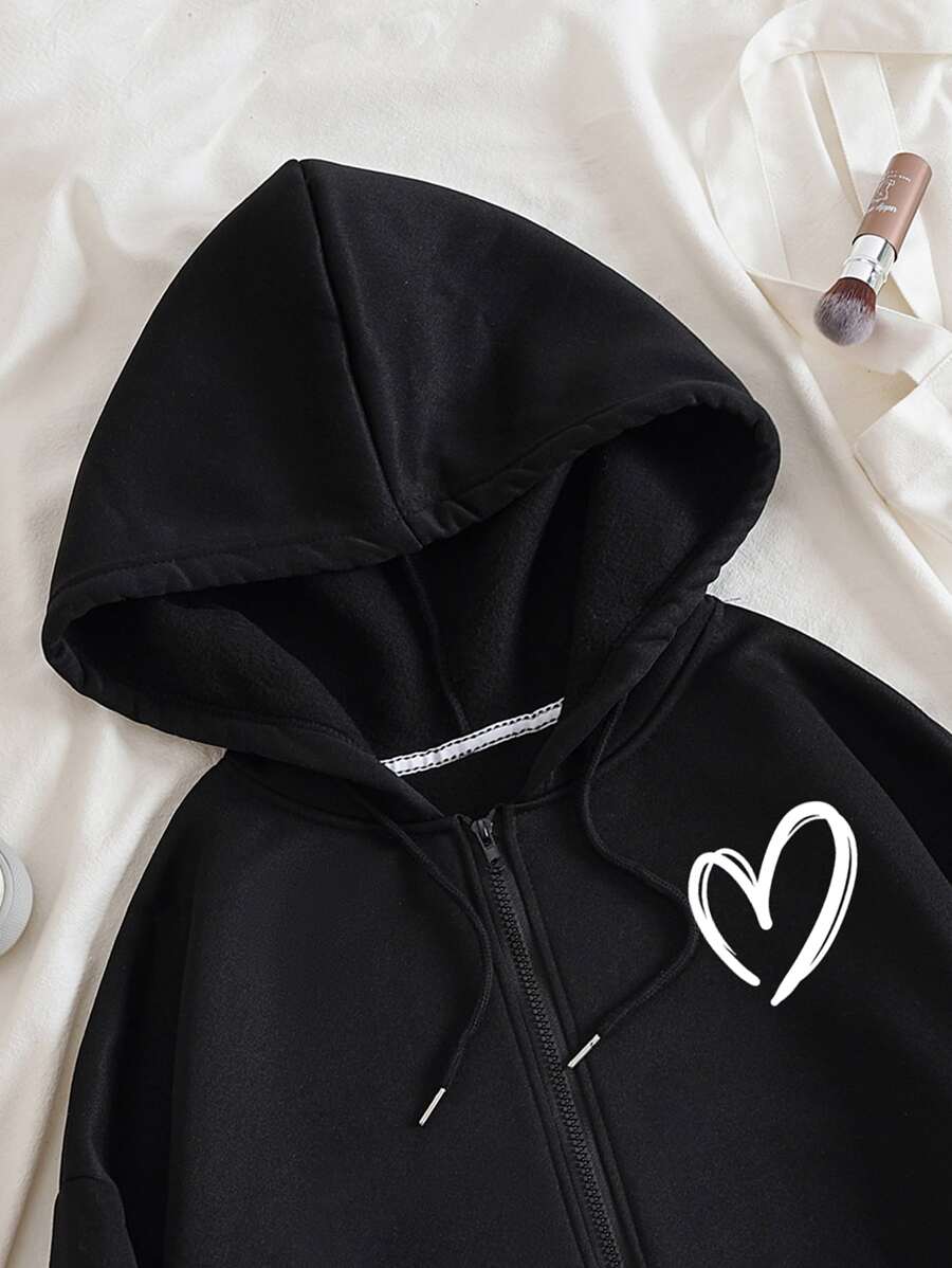SHEIN INAWLY هودي اسود مزين بقلوب مبطن حرارياً