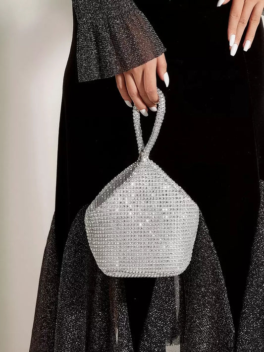SHEIN حقيبة دلو فضية صغيرة مزينة بالراين ستون وخرز بسحاب