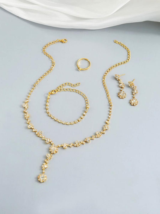 SHEIN مجموعة مجوهرات 5 قطع ذهبية فاخرة مزينة بالبلور واللؤلؤ