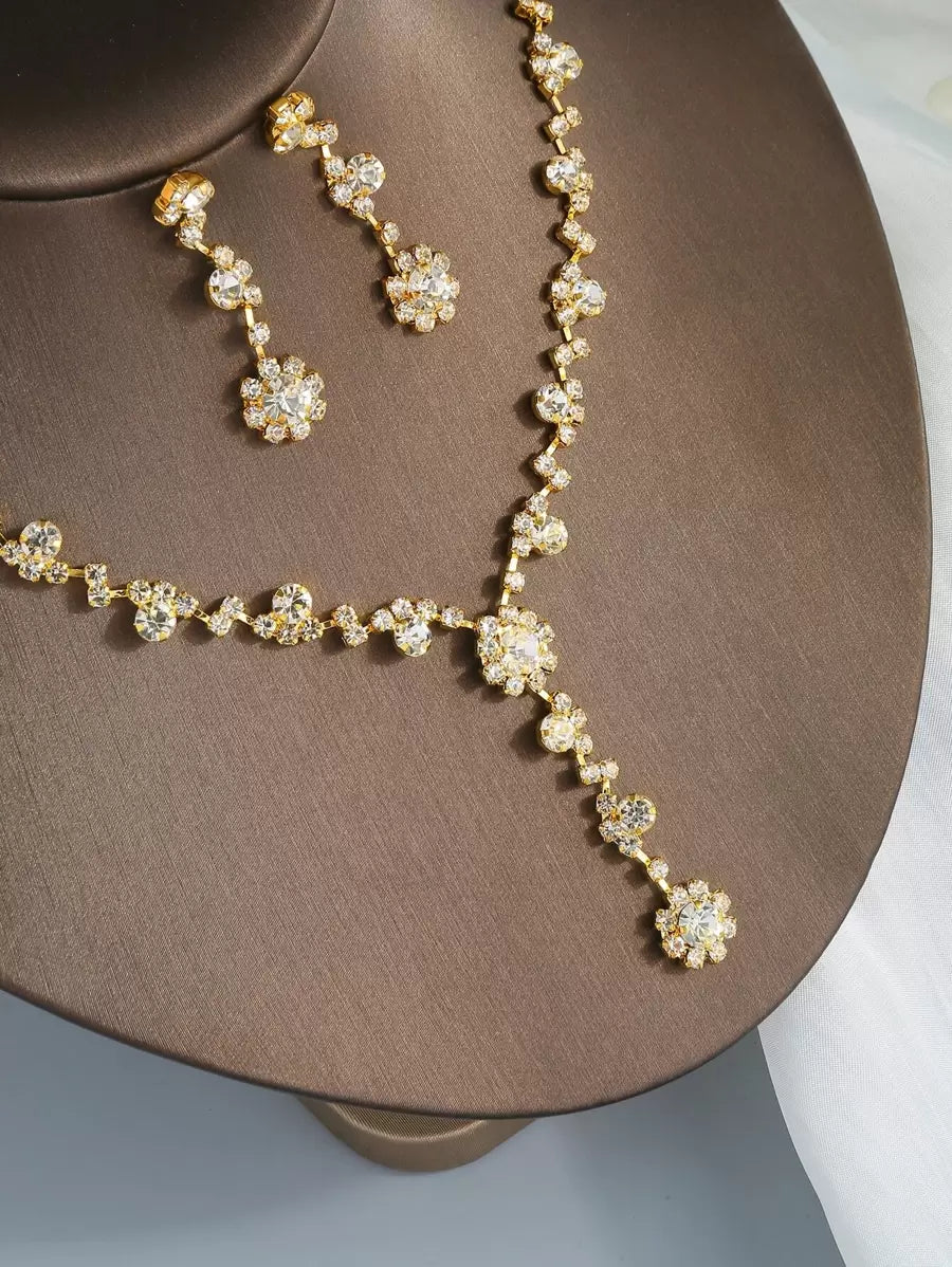 SHEIN مجموعة مجوهرات 5 قطع ذهبية فاخرة مزينة بالبلور واللؤلؤ
