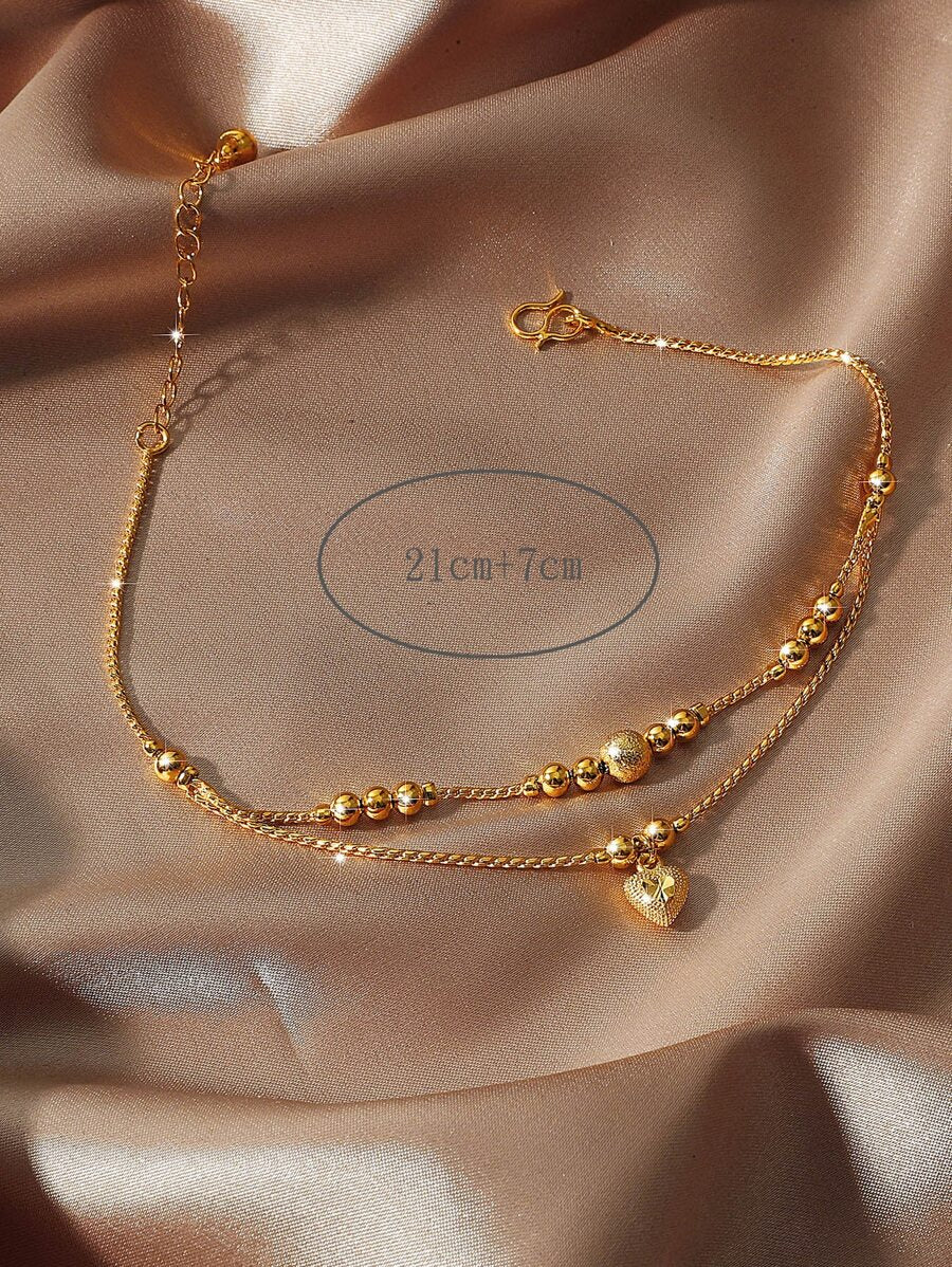 SHEIN سوار كاحل بشكل قلب مزدوج مطلي ذهب 24 قيراط