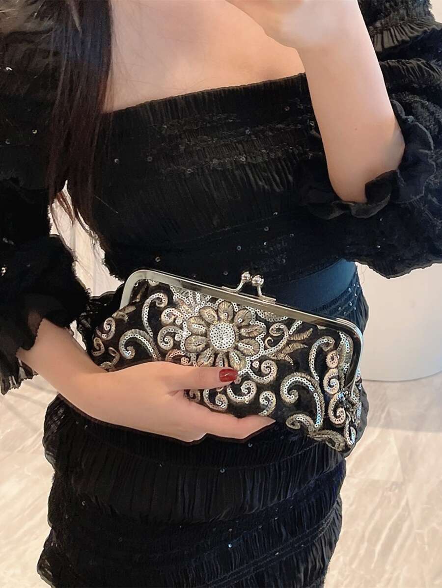 SHEIN حقيبة سهرة مطرزة بالزهور والخرز اللامع مع إغلاق مغناطيسي