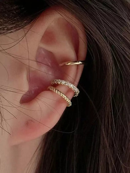 SHEIN مشبك أذن 3 قطع ذهبية مزين بحجر الراين