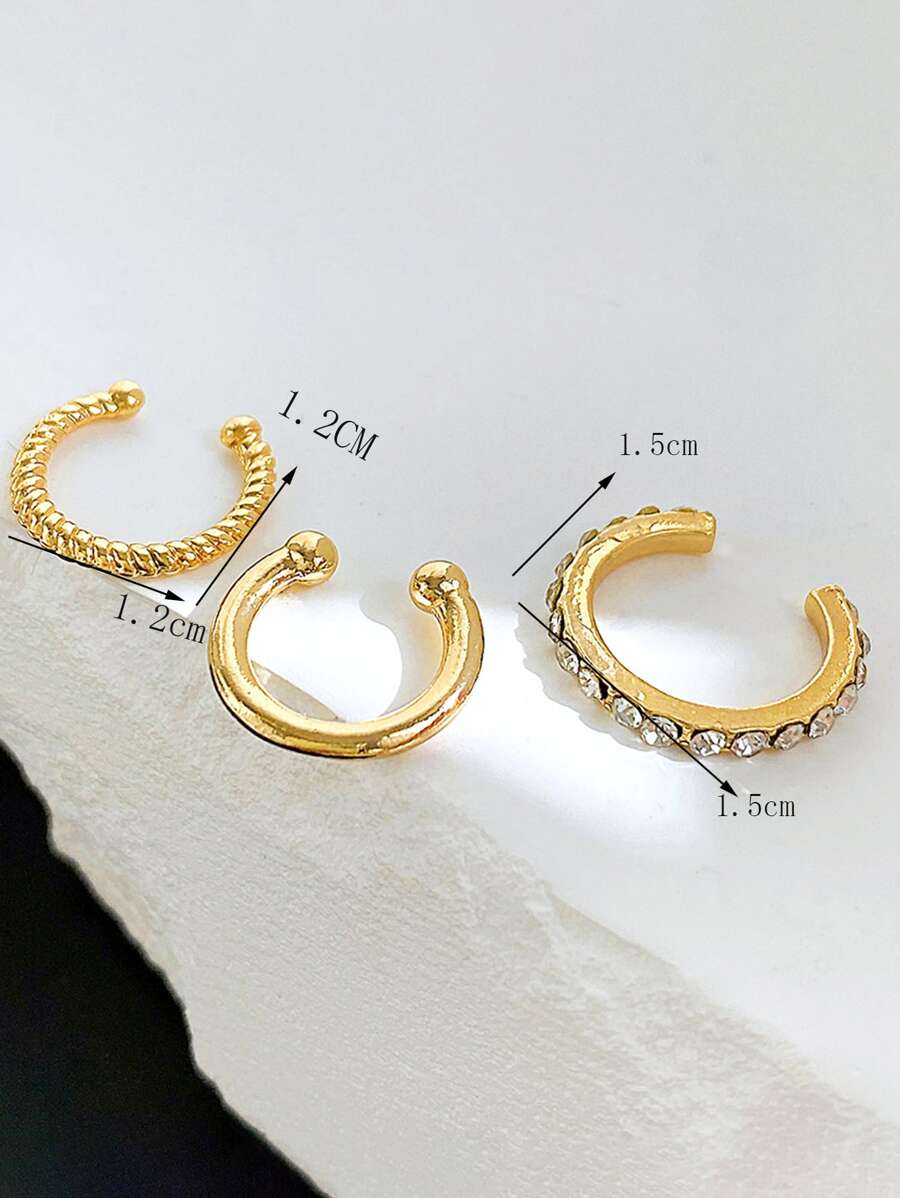 SHEIN مشبك أذن 3 قطع ذهبية مزين بحجر الراين