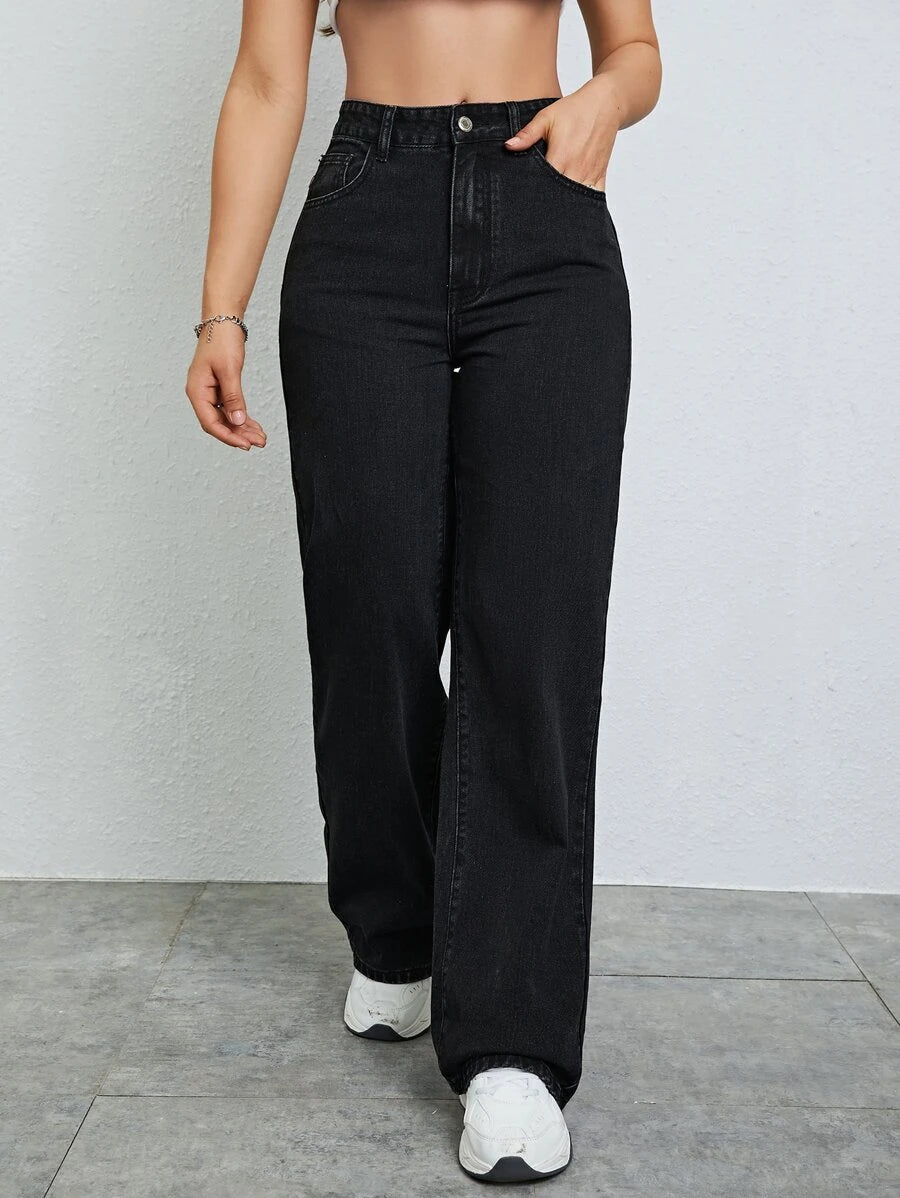 SHEIN Jeanoix جينز اسود بخصر عالي و ساق مستقيم