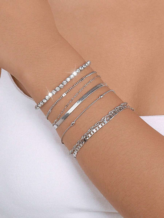 SHEIN Mydear طقم اساور 5 قطع فضي حجر راين